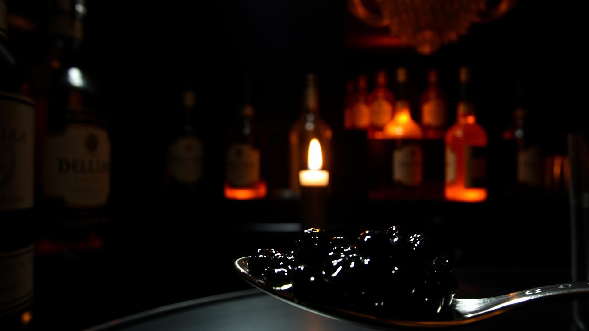Atmospheric dark bar interior with amber backlit bottles and a spoon of caviar
