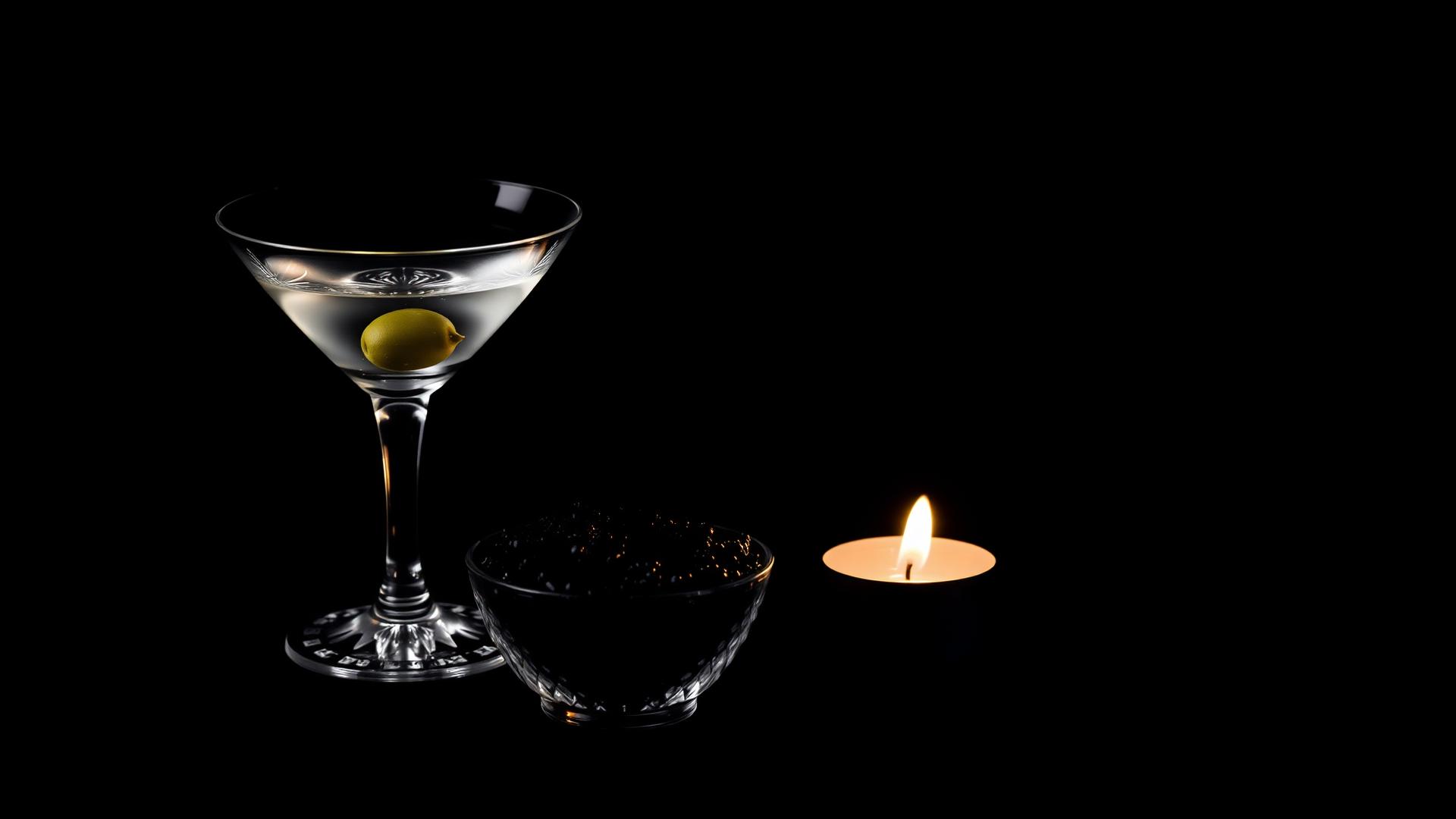 Crystal martini glass beside a bowl of black caviar under warm candle rim light